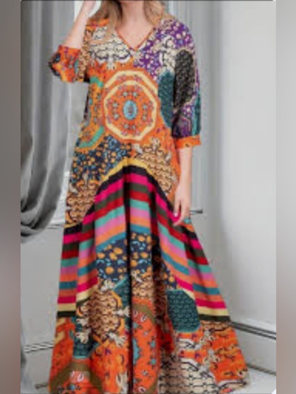 Bohemian Orange & Multi-Color Flowy Maxi Dress w/V-Neck Size S